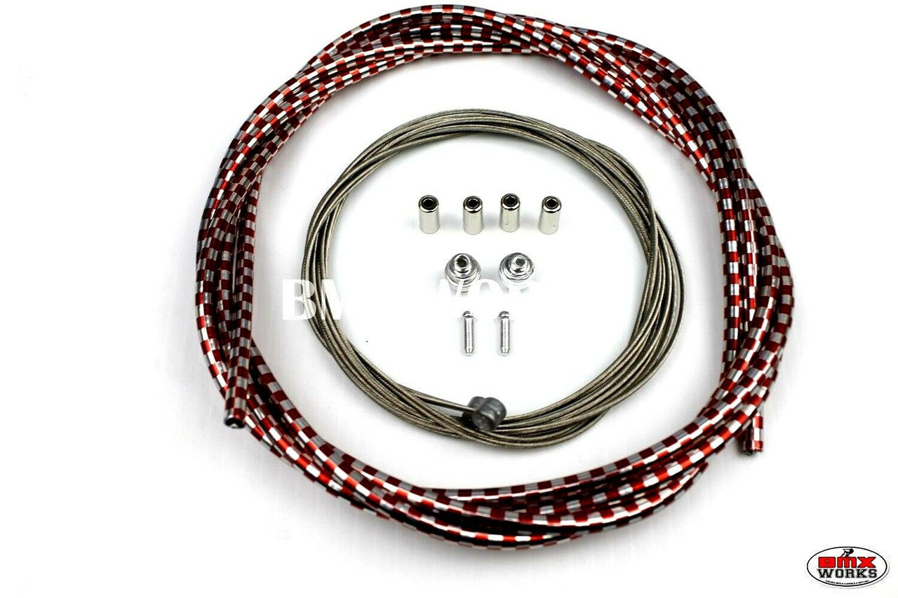 BMX Brake Cable Front & Rear Kit Checker Red & Chrome