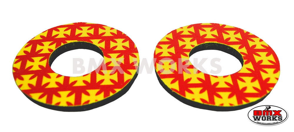 ProBMX Flite Style BMX Bicycle Foam Grip Donuts - Iron Cross Red & Yellow